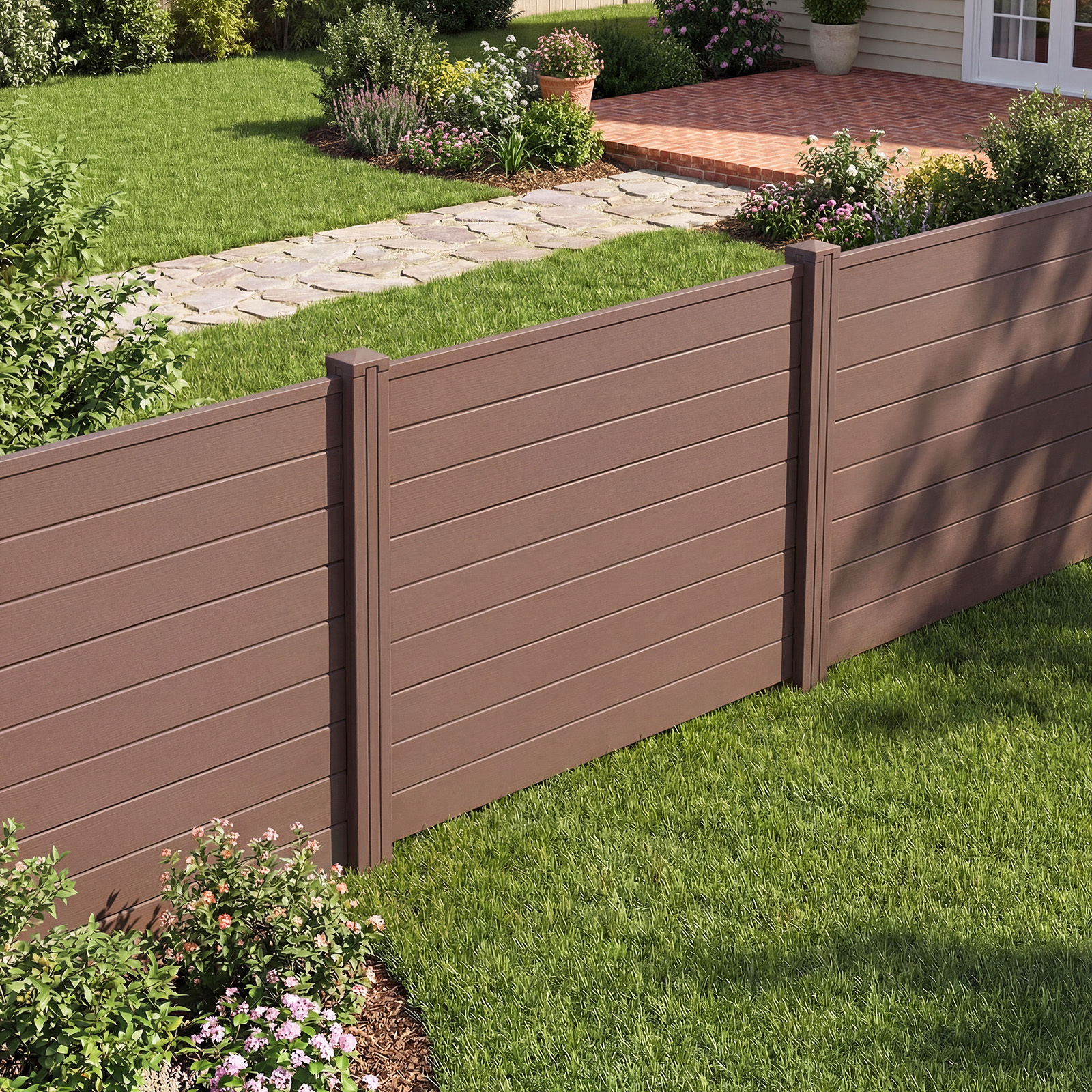 Costway 2*Recinzione decorativa in plastica per giardino a forma di l, Recinzione esterna privacy con pali zincati senza scavo Marrone