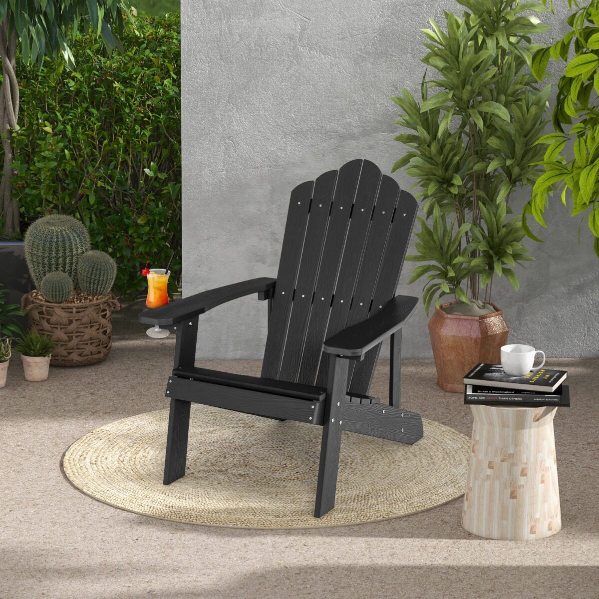 Costway 2*Sedia adirondack da esterno con portabicchieri, Sedia resistente alle intemperie per cortile portata 170kg Nera
