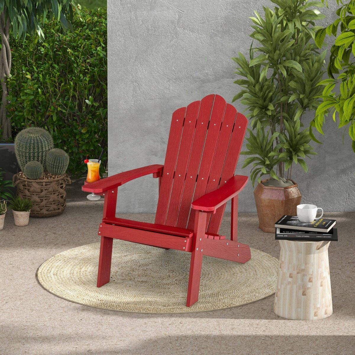 Costway 2*Sedia adirondack da esterno con portabicchieri, Sedia resistente alle intemperie per cortile portata 170kg Rosso