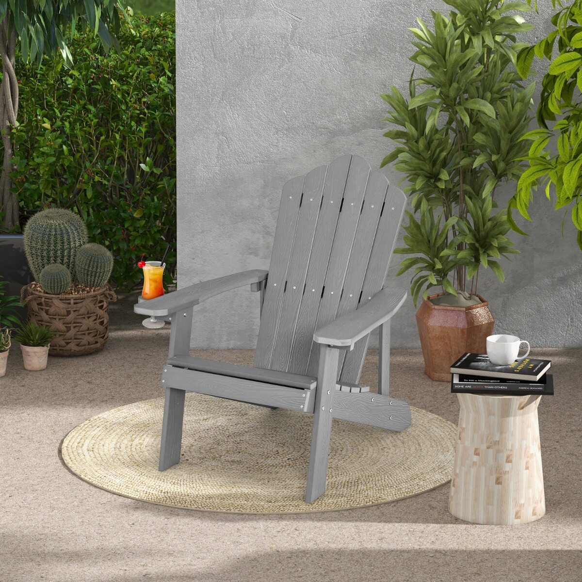 Costway 2*Sedia adirondack da esterno con portabicchieri, Sedia resistente alle intemperie per cortile portata 170kg Grigia