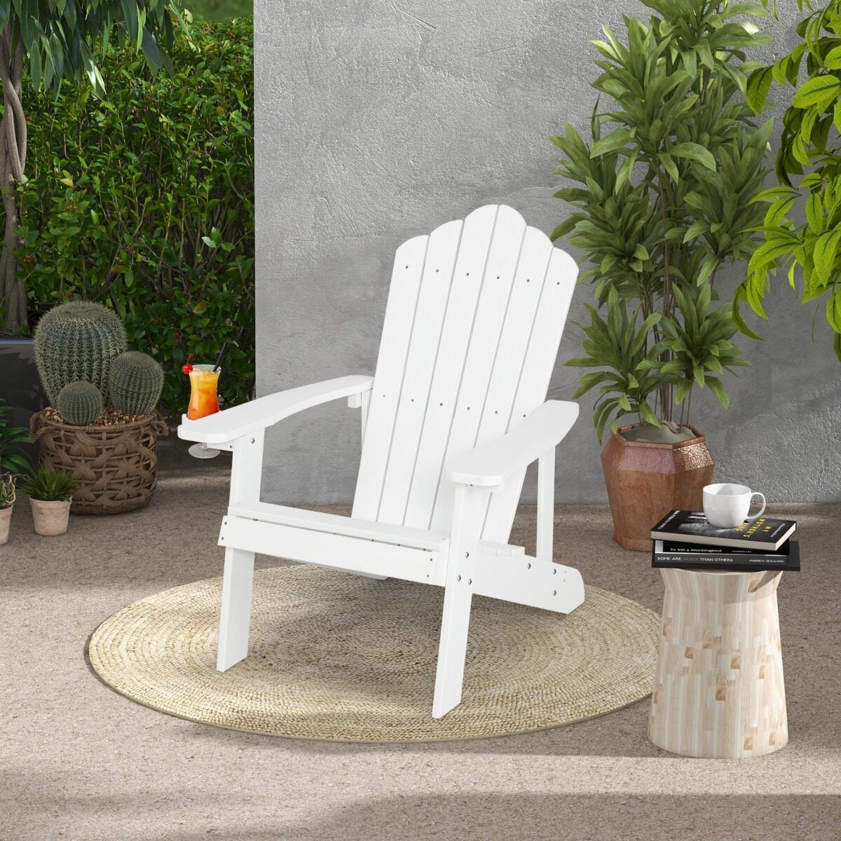 Costway 2*Sedia adirondack da esterno con portabicchieri, Sedia resistente alle intemperie per cortile portata 170kg Bianca