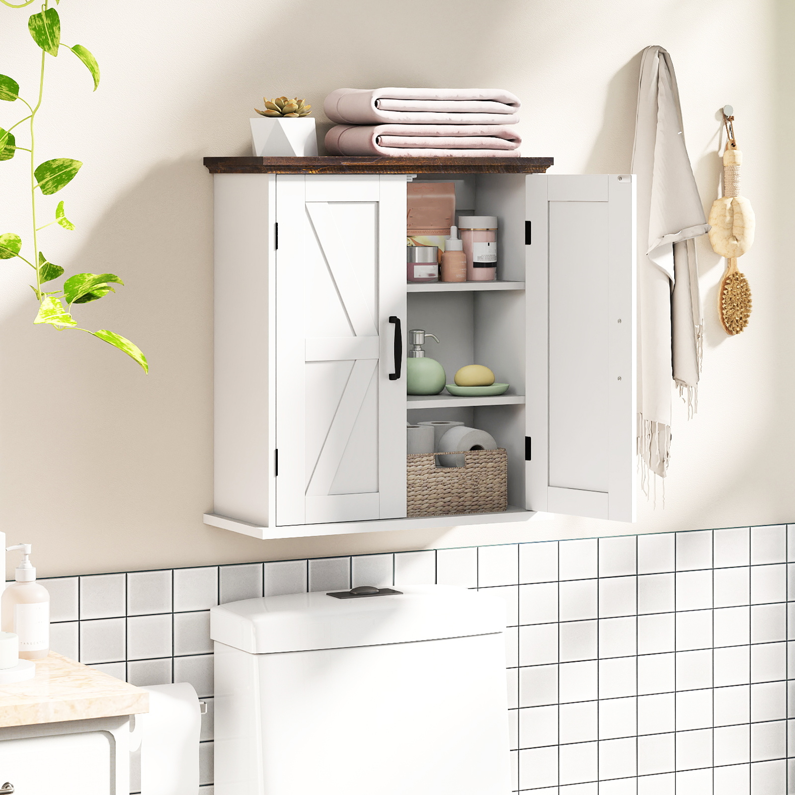 Costway Armadietto parete bagno farmhouse farmacia 2 ante ripiani regolabili, Armadietto soppalco wc cucina lavanderia ingresso