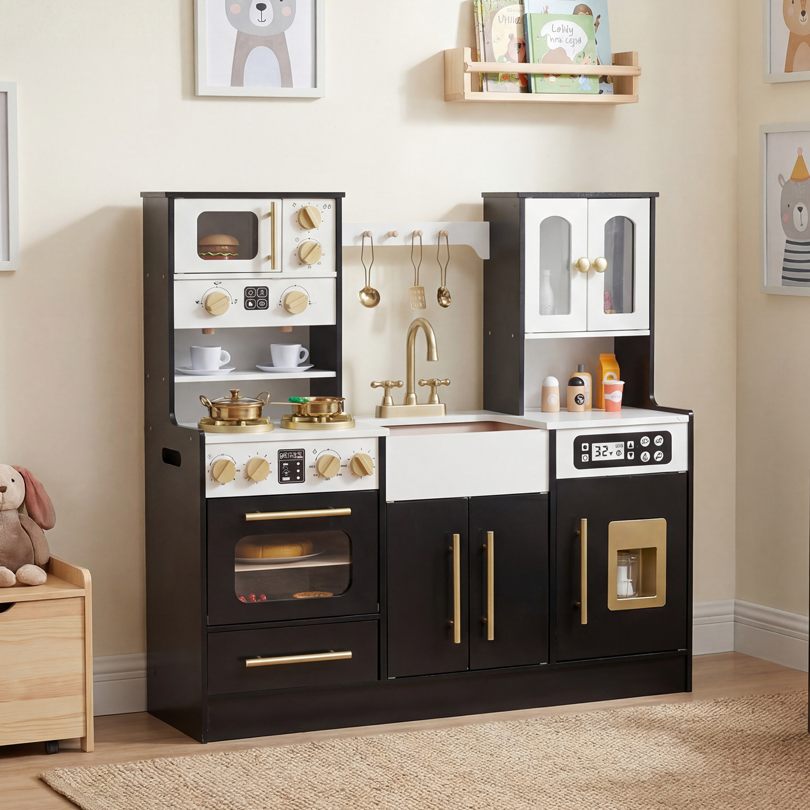 Costway Cucina bambini in legno cucina giocattolo con effetti sonori e luci, Cucina giocattolo set da gioco di chef per bambini 3+ anni Nero