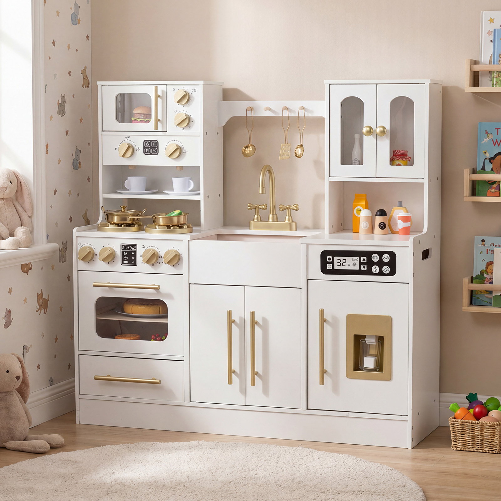 Costway Cucina bambini in legno cucina giocattolo con effetti sonori e luci, Cucina giocattolo set da gioco di chef per bambini 3+ anni Bianco