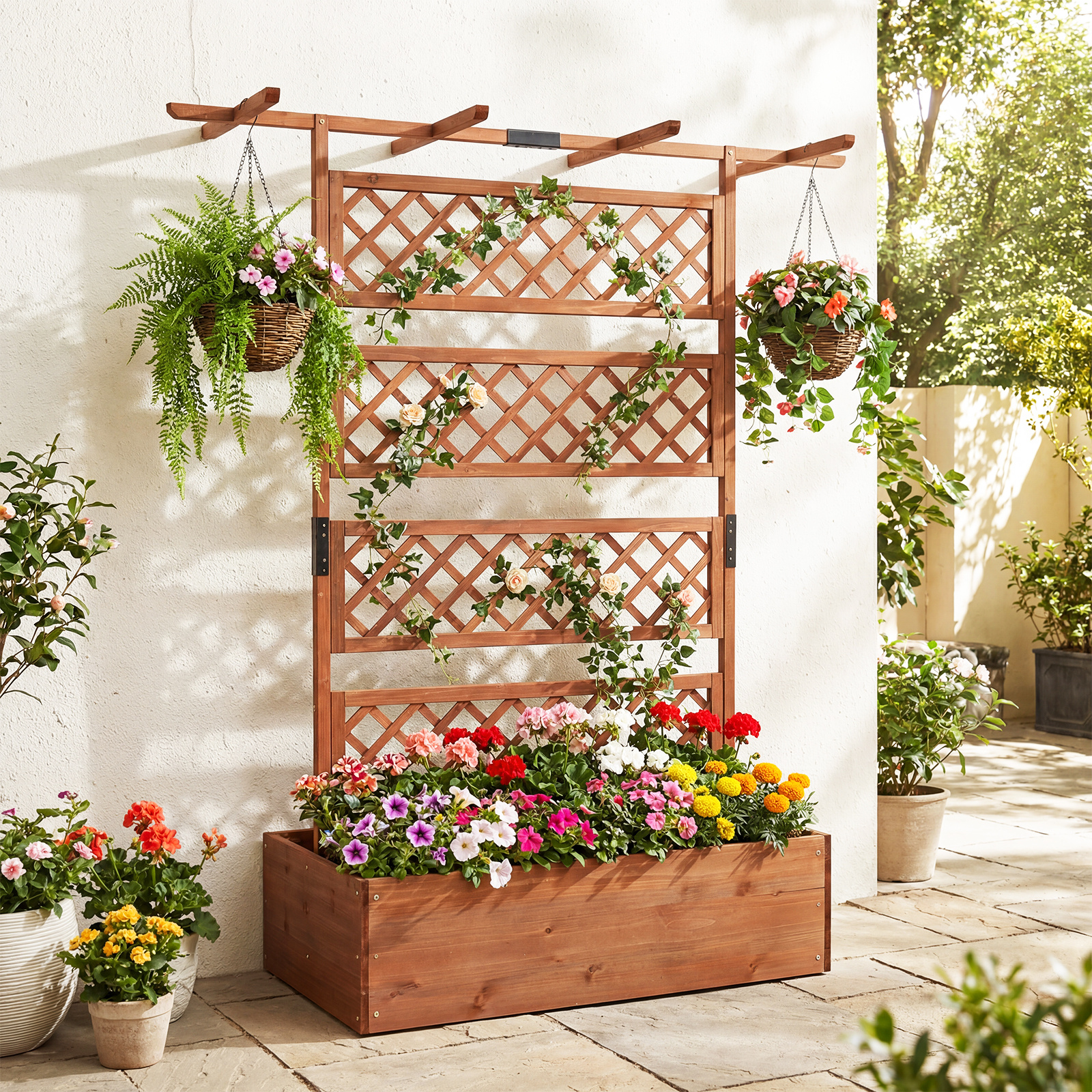 Costway Fioriera Rialzata In Legno Con Tetto Piatto Fori Di Drenaggio E Fondo Rimovibile, Letto Da Giardino Con Traliccio