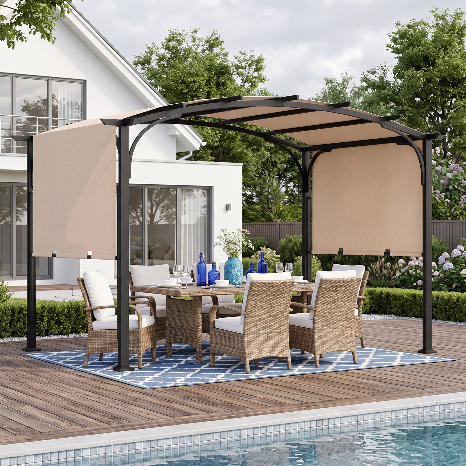 Costway Gazebo da giardino con tetto arcuato tettuccio scorrevole struttura metallica e 8 picchetti, Gazebo da esterno Beige
