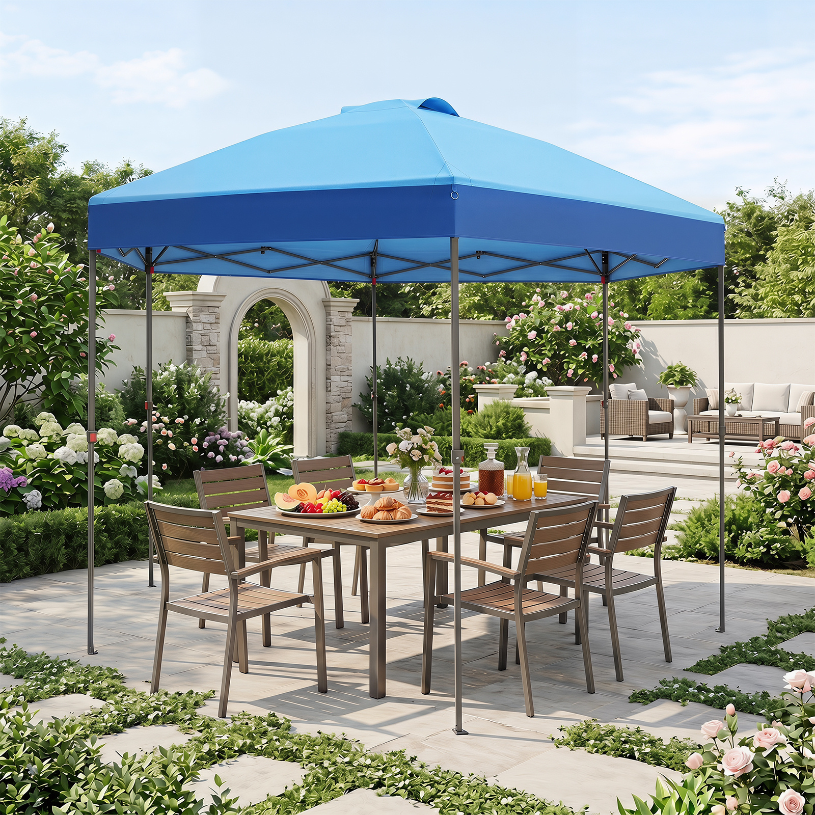 Costway Gazebo pieghevole da giardino con altezza regolabile picchetti e corde, 360 x 360 cm Gazebo pop-up Blu