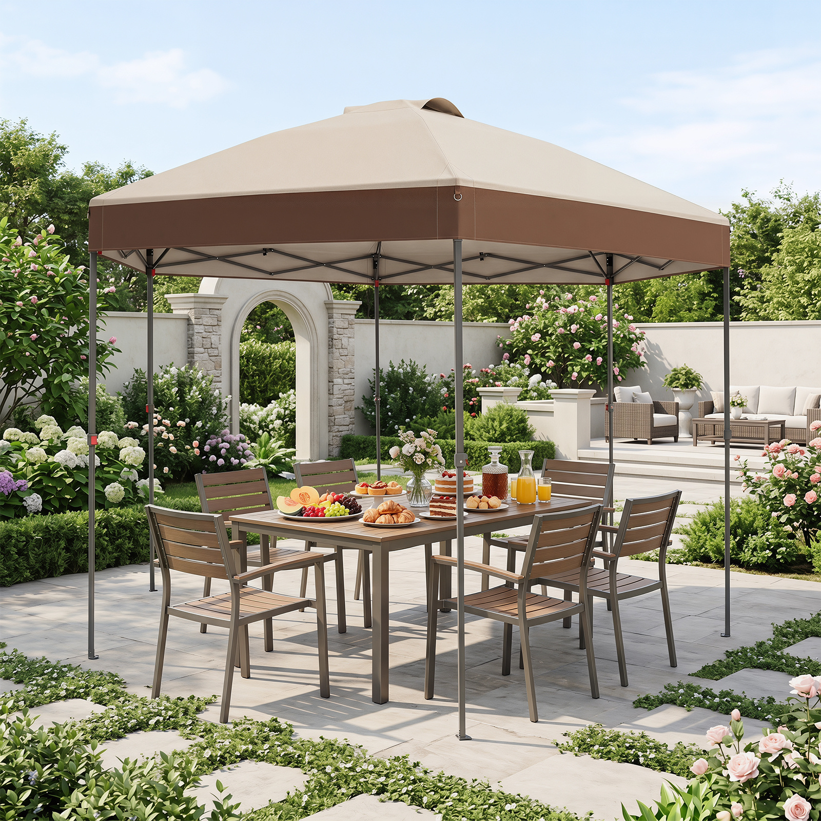 Costway Gazebo pieghevole da giardino con altezza regolabile picchetti e corde, 360 x 360 cm Gazebo pop-up Marrone