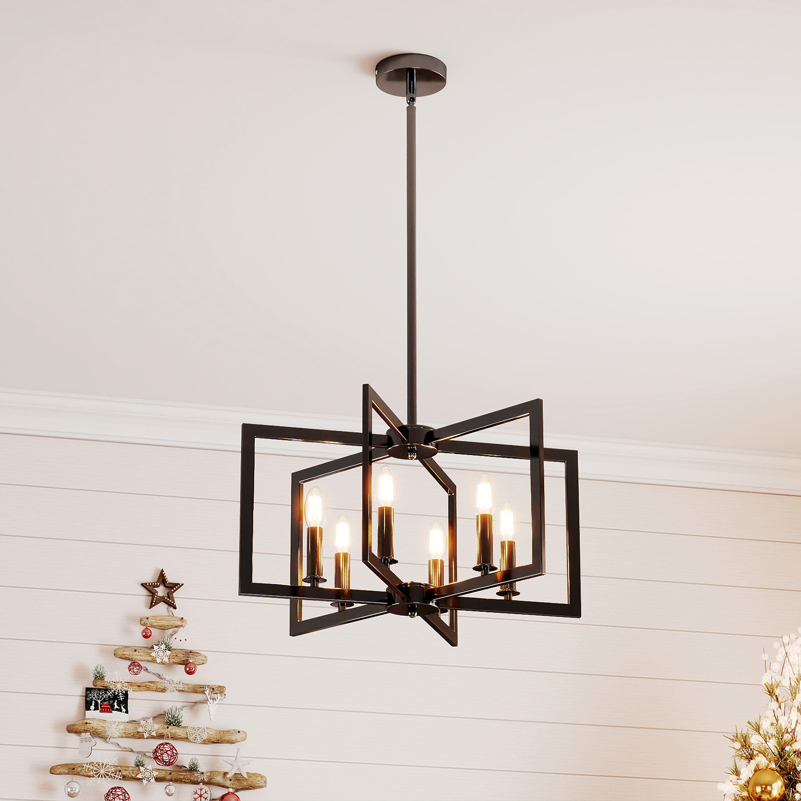 Costway Lampada a sospensione 6 luci farmhouse vari geometrica altezza regolabile, Luce appesa industriale moderno regolabile per soggiorno cucina Ner
