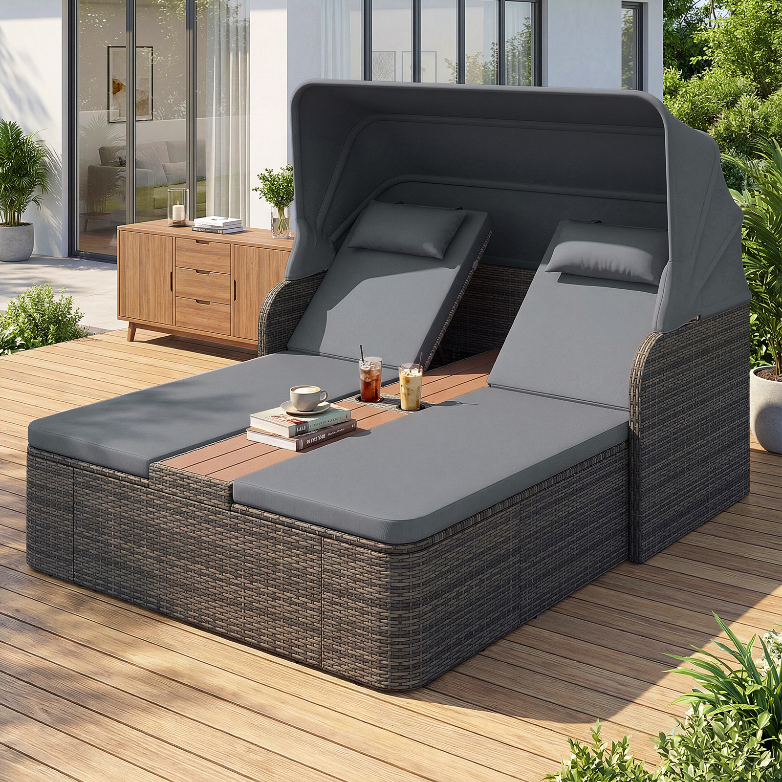 Costway Letto Matrimoniale In Rattan Con Tetto Retrattile E Schienali Regolabili, Divano Imbottito Con Tavolino Centrale E Portabicchieri