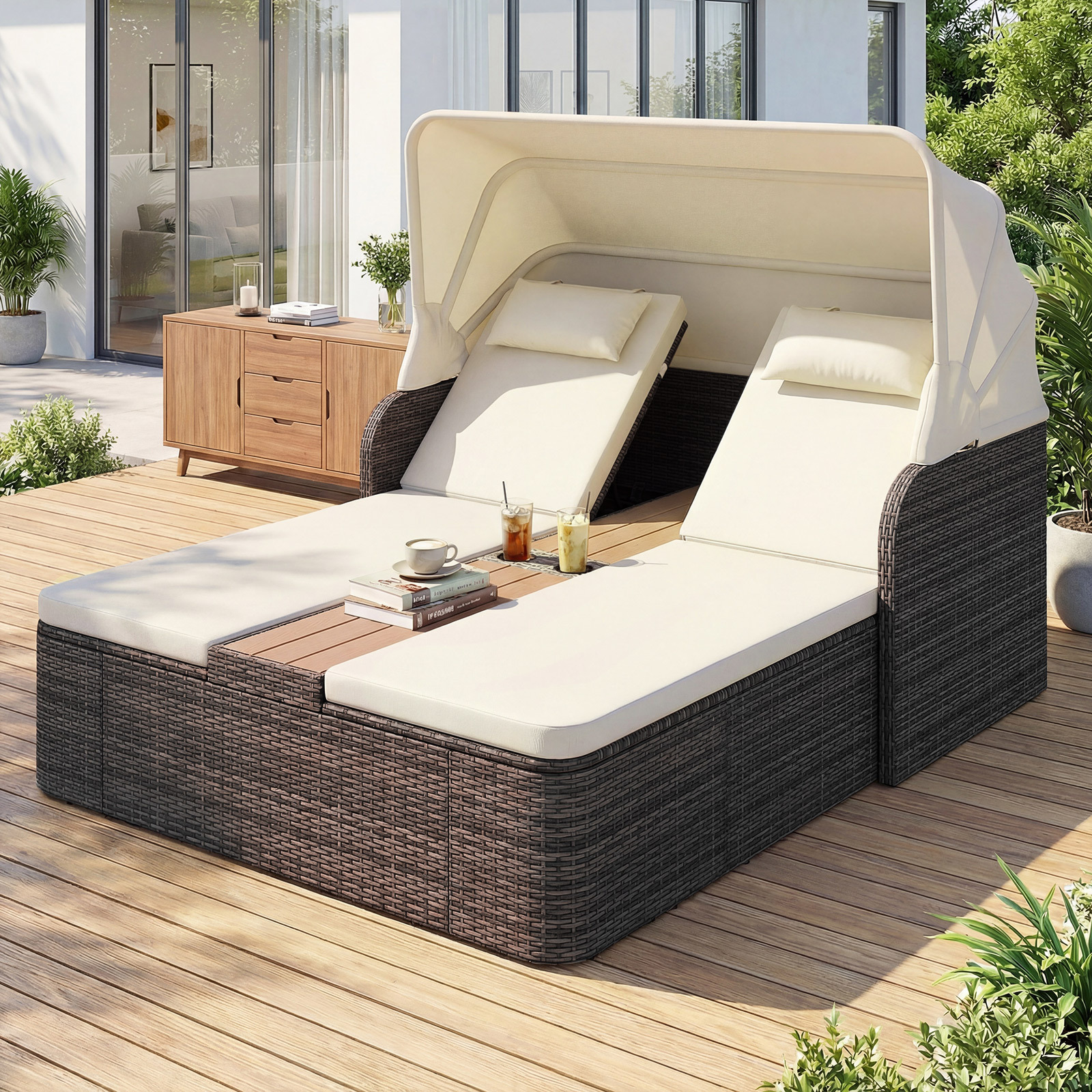 Costway Letto Matrimoniale In Rattan Con Tetto Retrattile E Schienali Regolabili, Divano Imbottito Con Tavolino Centrale E Portabicchieri Beige