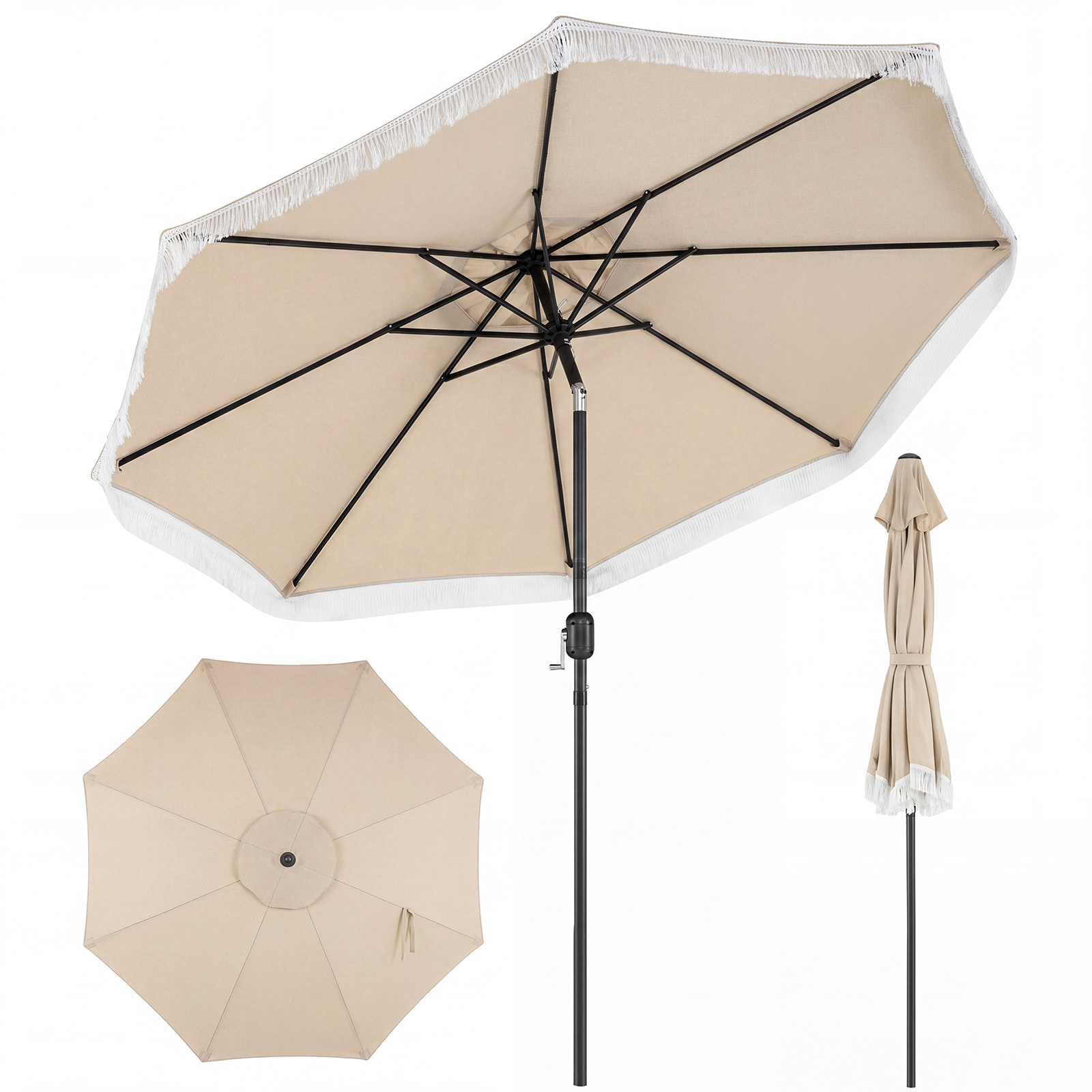 Costway Ombrellone da giardino con 8 costole palo in metallo manovella e parte superiore ventilata, Ombrellone da esterno inclinabile 30° Beige