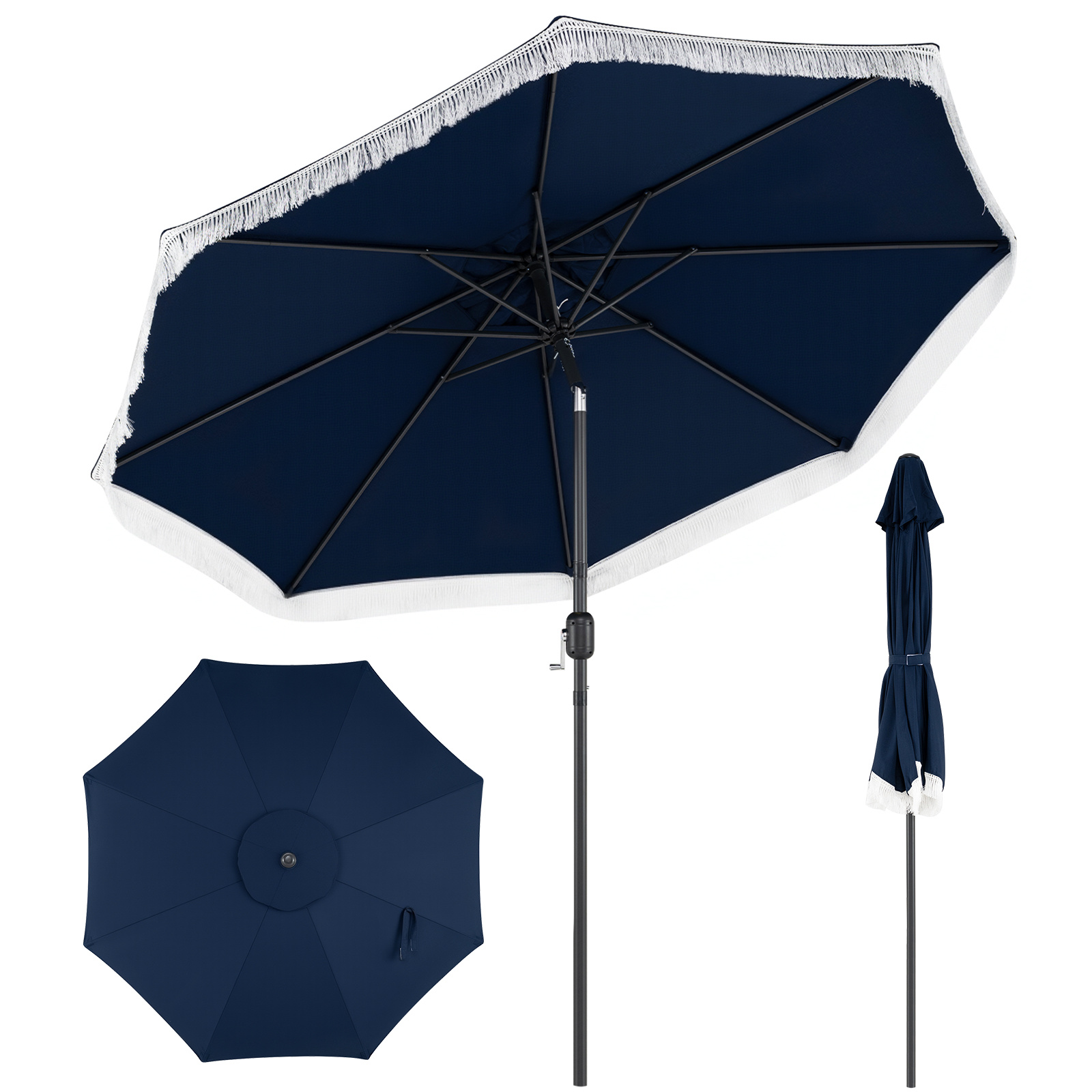 Costway Ombrellone da giardino con 8 costole palo in metallo manovella e parte superiore ventilata, Ombrellone da esterno inclinabile 30° Blu