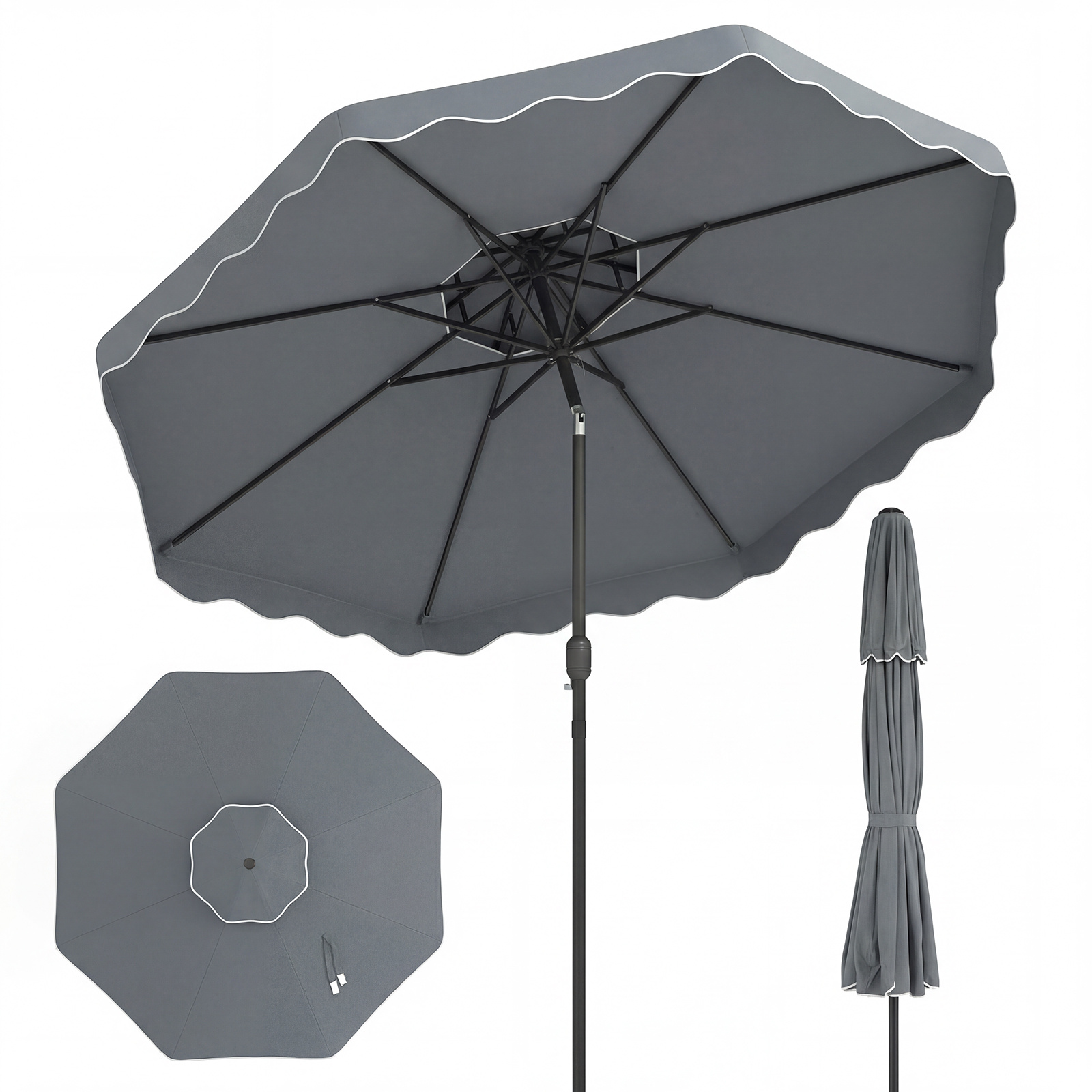 Costway Ombrellone da giardino con 8 costole palo in metallo, Ombrellone da esterno inclinabile 30° 3 x 2,6 m Grigio