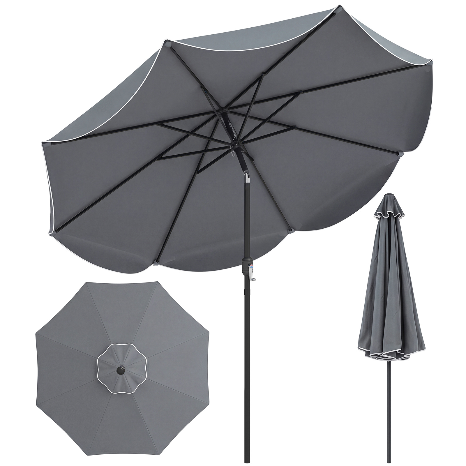 Costway Ombrellone da giardino con 8 costole palo in metallo parte superiore ventilata e manovella, Ombrellone da esterno inclinabile 30° Grigio