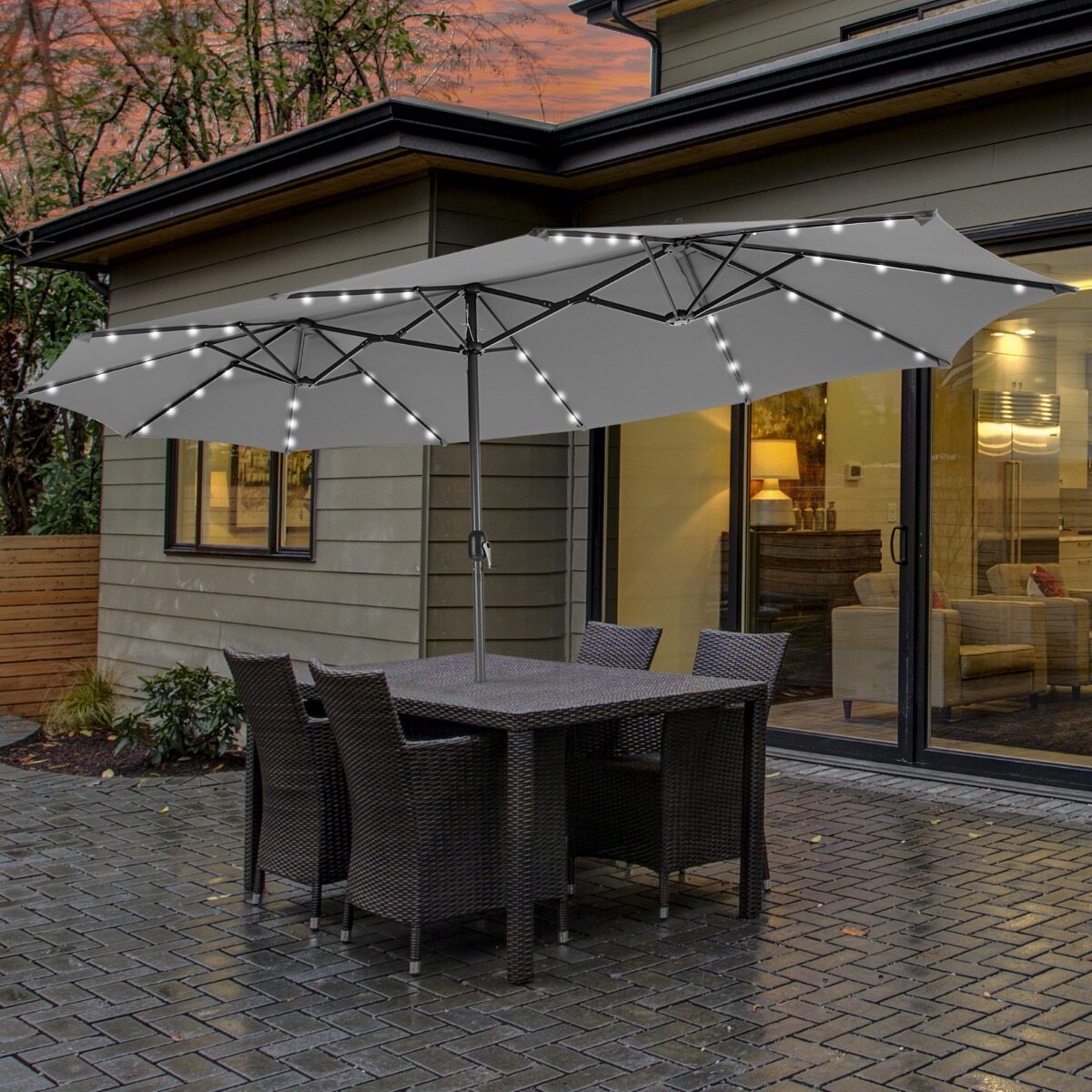 Costway Ombrellone gemello da 470cm con base ombrellone da giardino, Ombrello da esterno a doppio lato con base pesante in metallo Grigio