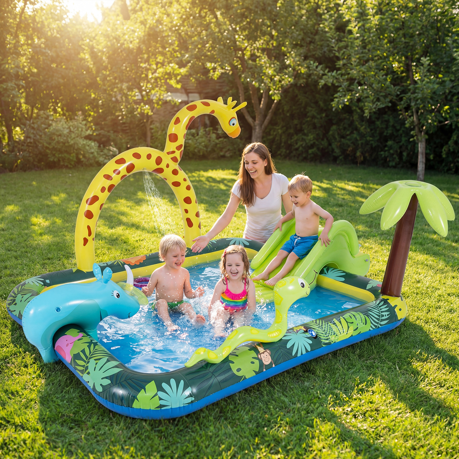 Costway Piscina gonfiabile bambini con scivolo irrigatore a arco gioco degli anelli e 2 toppe di riparazione, Parco giochi acquatico a tema giungla