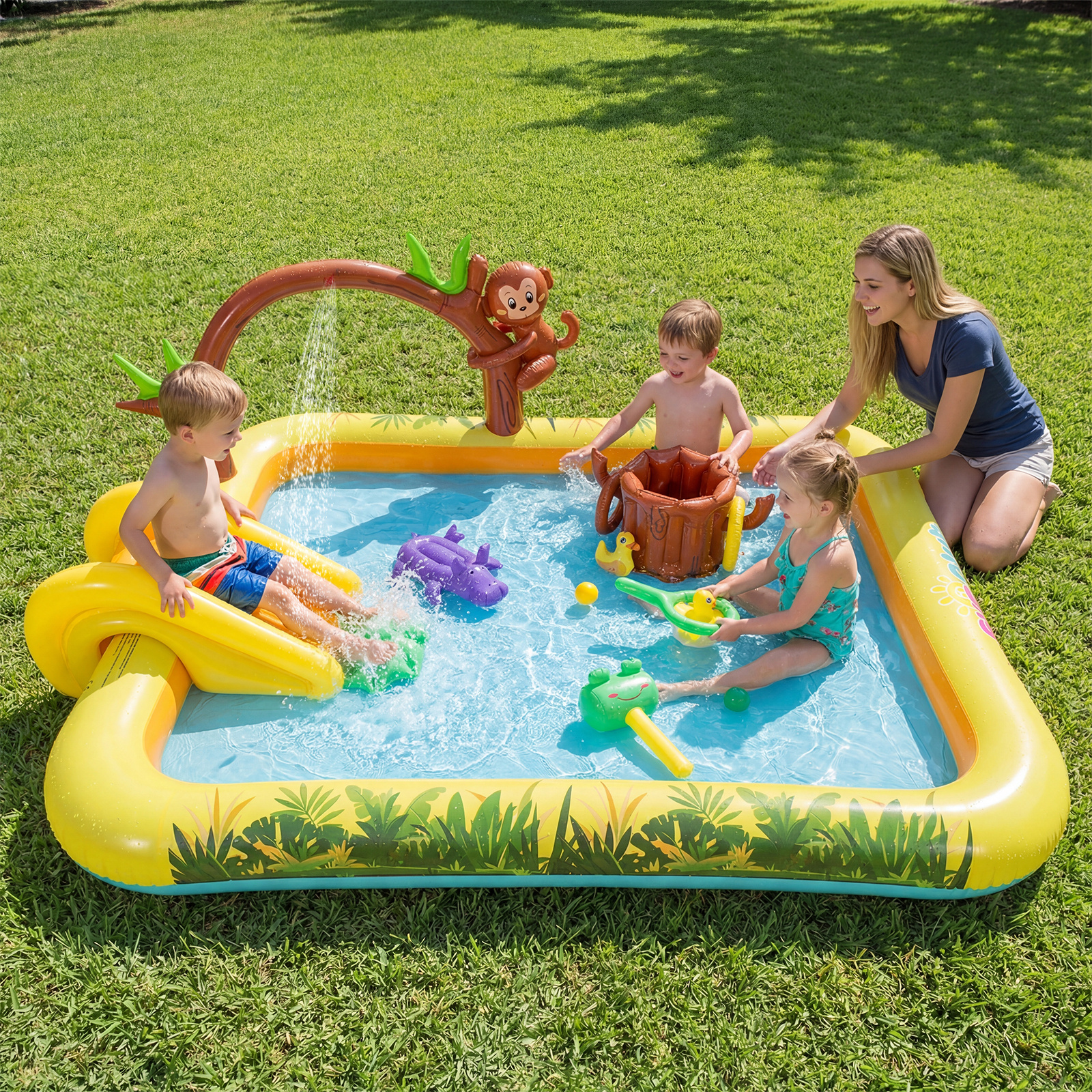 Costway Piscina gonfiabile per bambini con scivolo palline e giocattoli a forma di animali, Piscinetta per bambini 2-6 anni a tema giungla