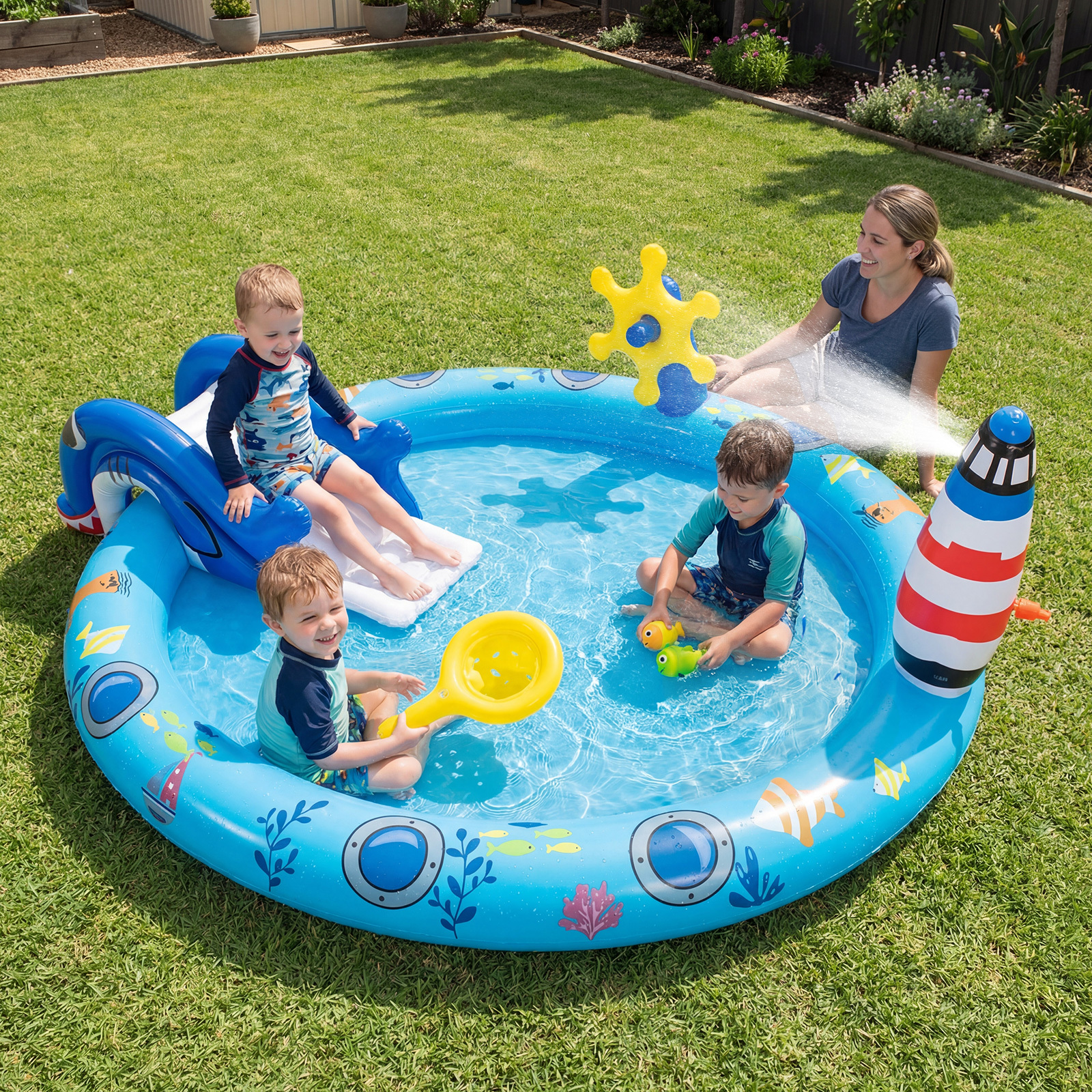 Costway Piscina gonfiabile per bambini con spruzzo scivolo e 2 pesciolini giocattolo, Piscinetta fuori terra a tema marino