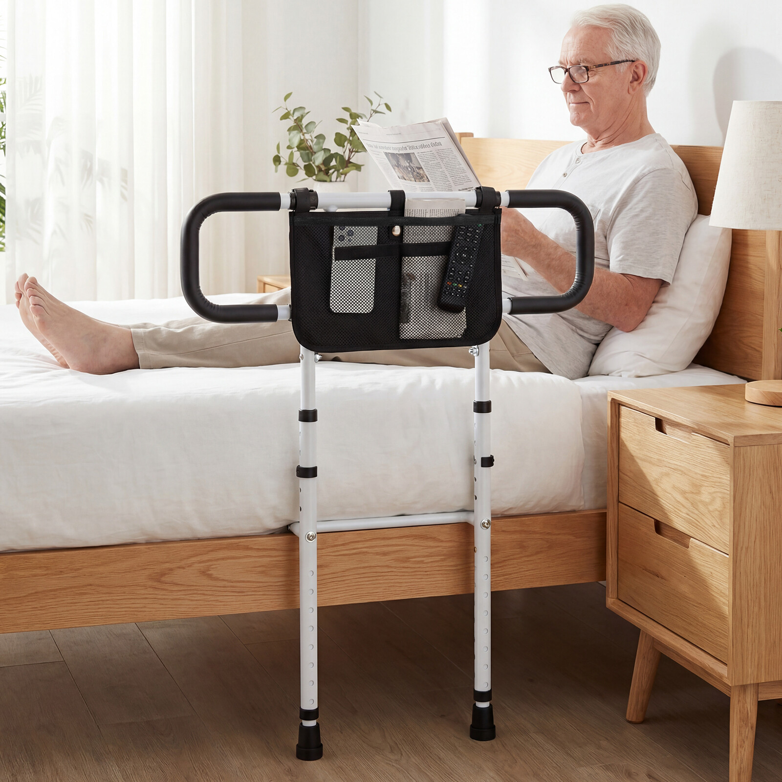 Costway Sponda letto pieghevole per anziani e supporto per wc con braccioli imbottiti, Sponda di sicurezza e corrimano di sicurezza per wc