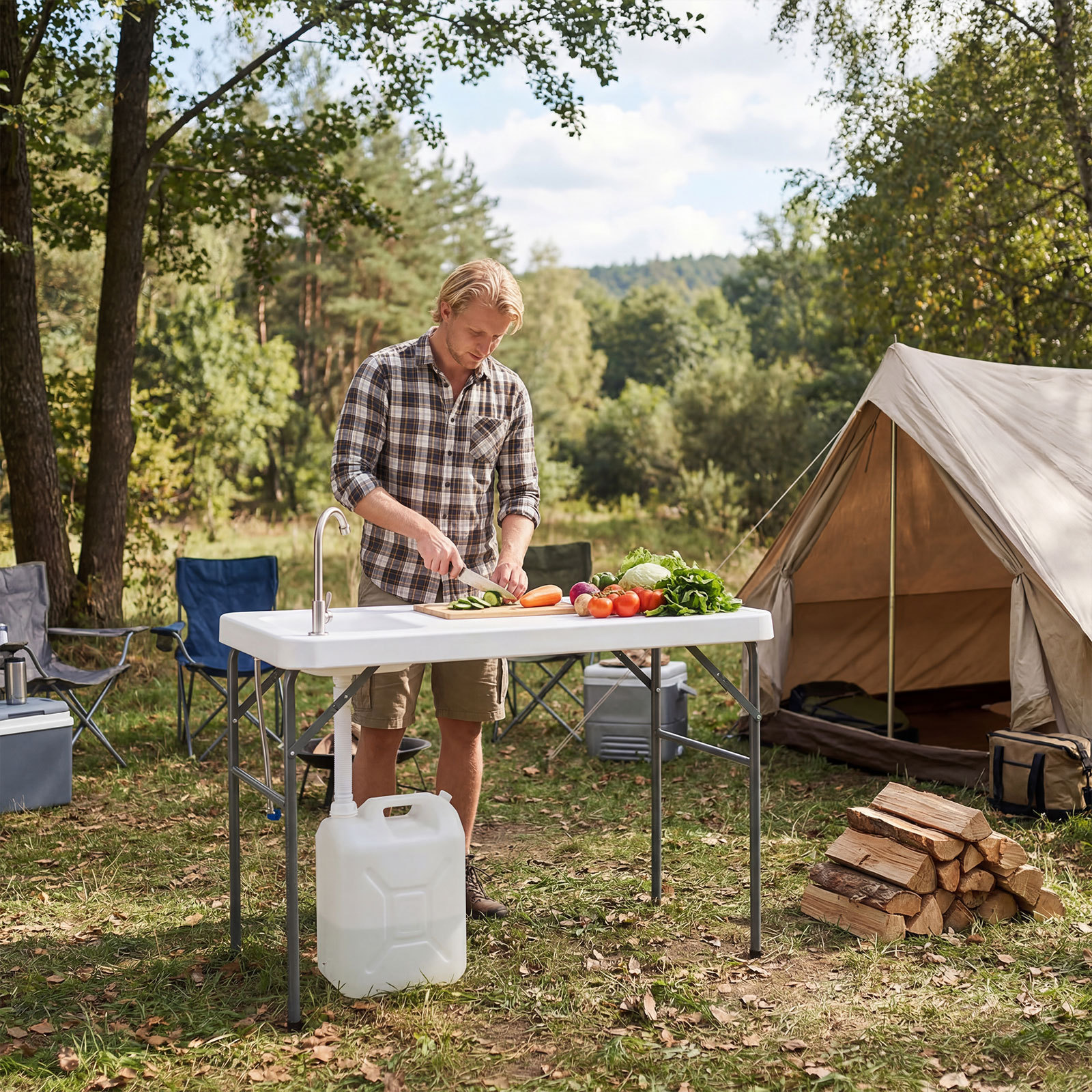 Costway Tavolo da campeggio con rubinetto e lavandino, Tavolo pieghevole e portatile per lavaggio e preparazione di cibi pesca e verdure