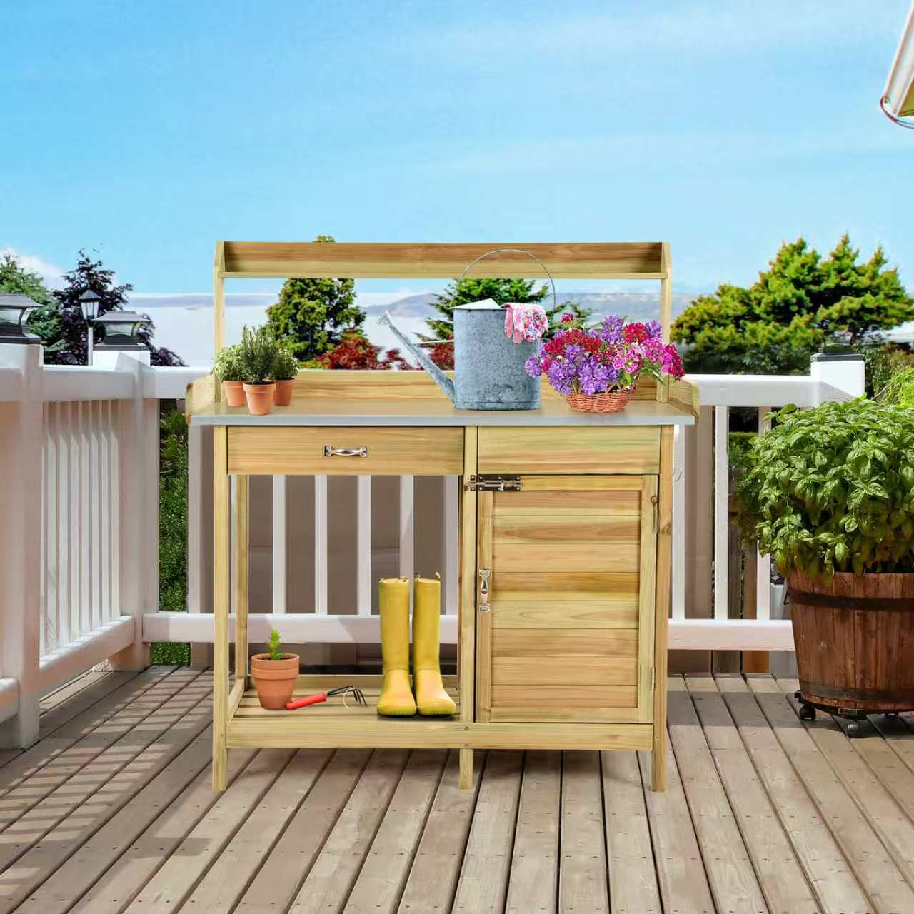Costway Tavolo da giardinaggio materiale ligneo, Armadietto con 3 ganci perfetto per esterni e giardini Naturale