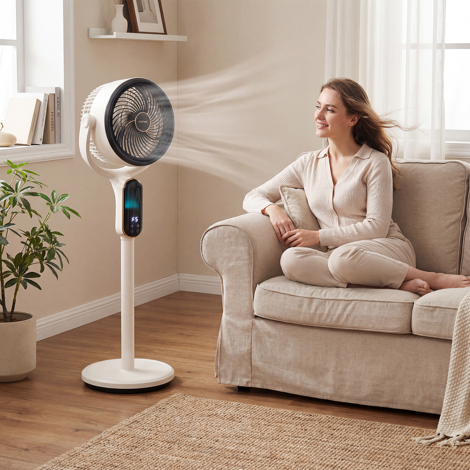 Costway Ventilatore a piantana 40 w con 8 velocità 3 altezze regolabili oscillazione a 90°+ 60°, Ventilatore silenzioso luce timer da 12 h Bianco