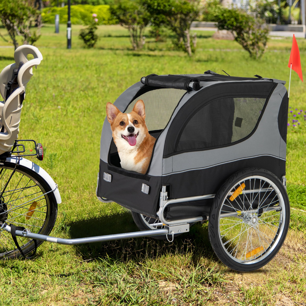 Costway Rimorchio bici per animali domestici con ruote 50cm tettuccio apribile, Rimorchio per bicicletta per cani Grigio