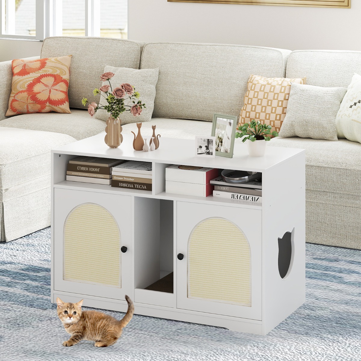 Costway Armadietto moderno per gatti con ripostiglio doppie stanze in legno da interno, Armadietto moderno 2 tappetini in sisal Bianco