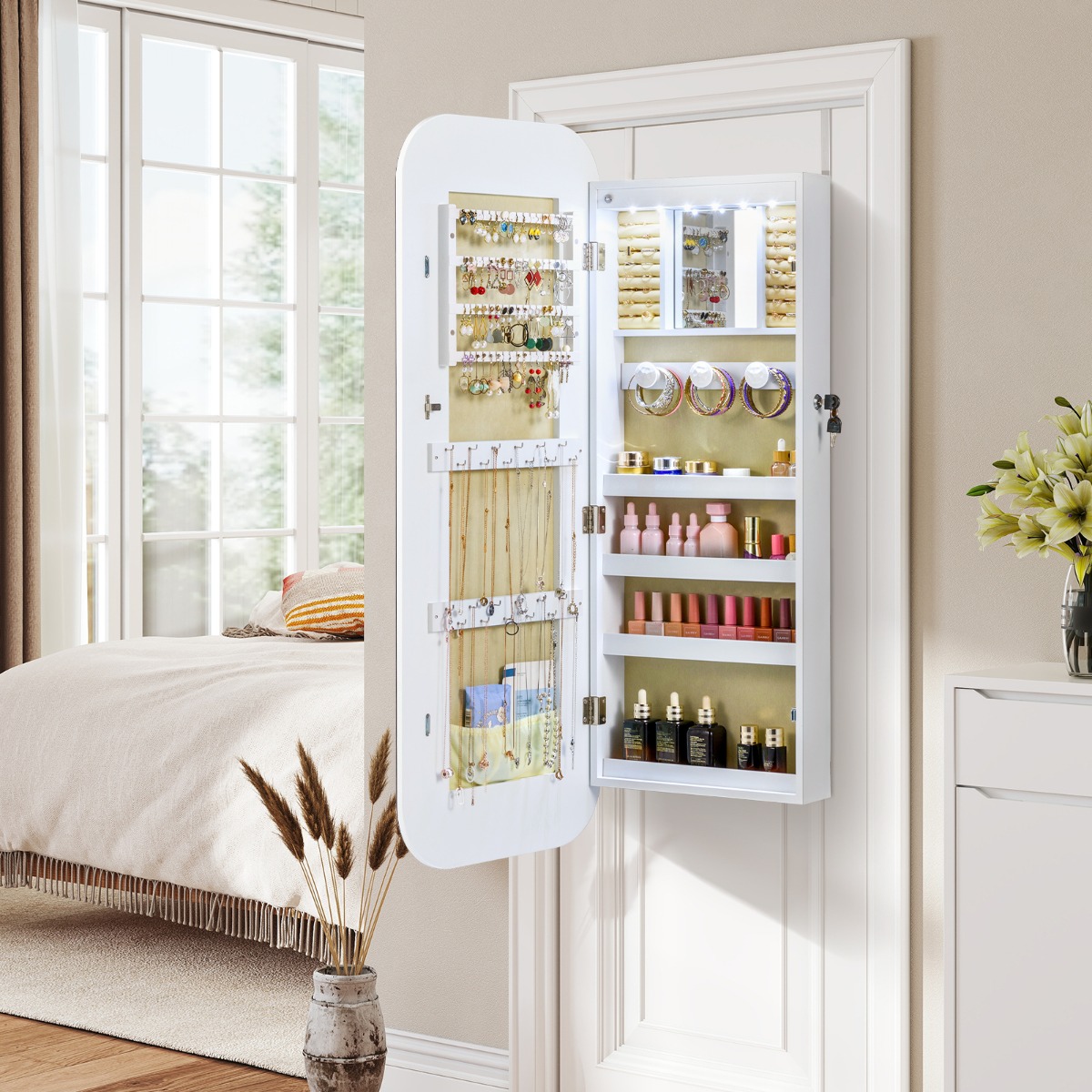 Costway Armadietto per gioielli organizzatore con specchio a figura intera, Armadietto per gioielli e 6 led bordo arrotondato Bianco