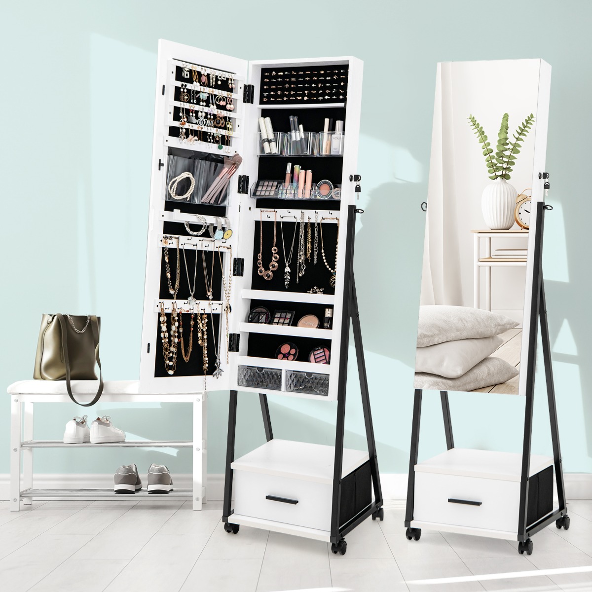 Costway Armadietto portagioie da terra con specchio per trucchi e cosmetici, Portagioie a ruote con cassetti Bianco