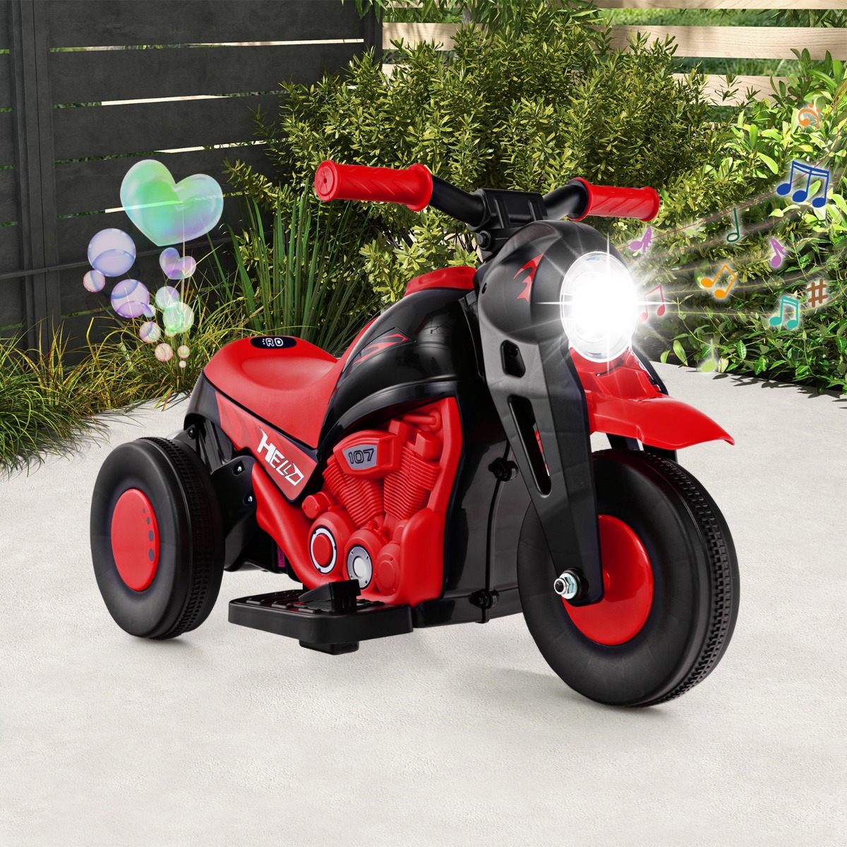 Costway Auto a bolle per bambini da 6V, Moto elettrica per bambini con creatore di bolle pulsante musicale Rosso