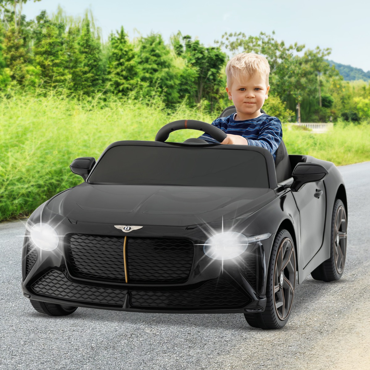 Costway Auto da corsa Bentley Bacalar con licenza per bambini, Auto elettrica a batteria con telecomando luci a LED Nero