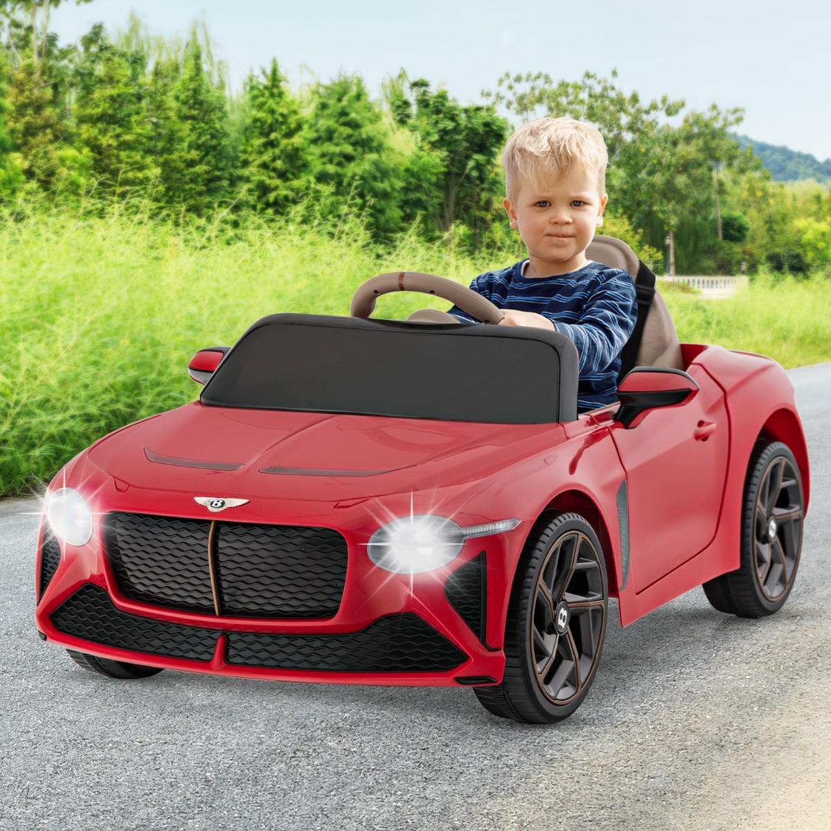 Costway Auto da corsa Bentley Bacalar con licenza per bambini, Auto elettrica a batteria con telecomando luci a LED Rosso