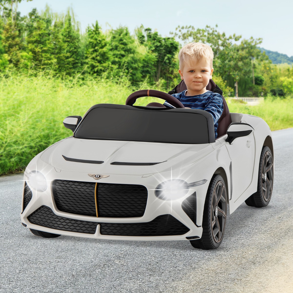 Costway Auto da corsa Bentley Bacalar con licenza per bambini, Auto elettrica a batteria con telecomando luci a LED Bianco