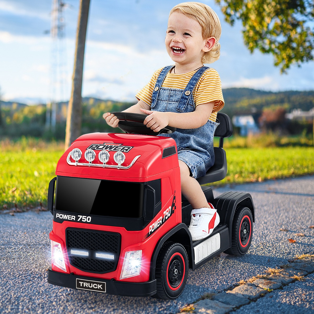 Costway Auto elettrica per bambini e bambine con sedile regolabile in altezza luci LED musica e clacson, Camion a batteria Rosso