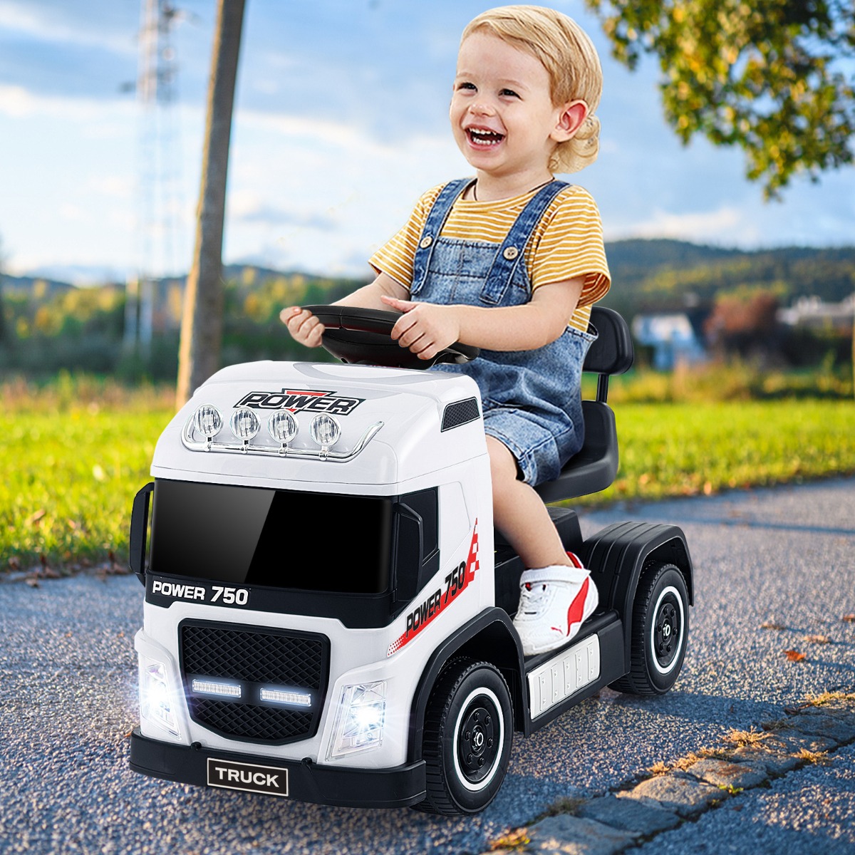 Costway Auto elettrica per bambini e bambine con sedile regolabile in altezza luci LED musica e clacson, Camion a batteria Bianco