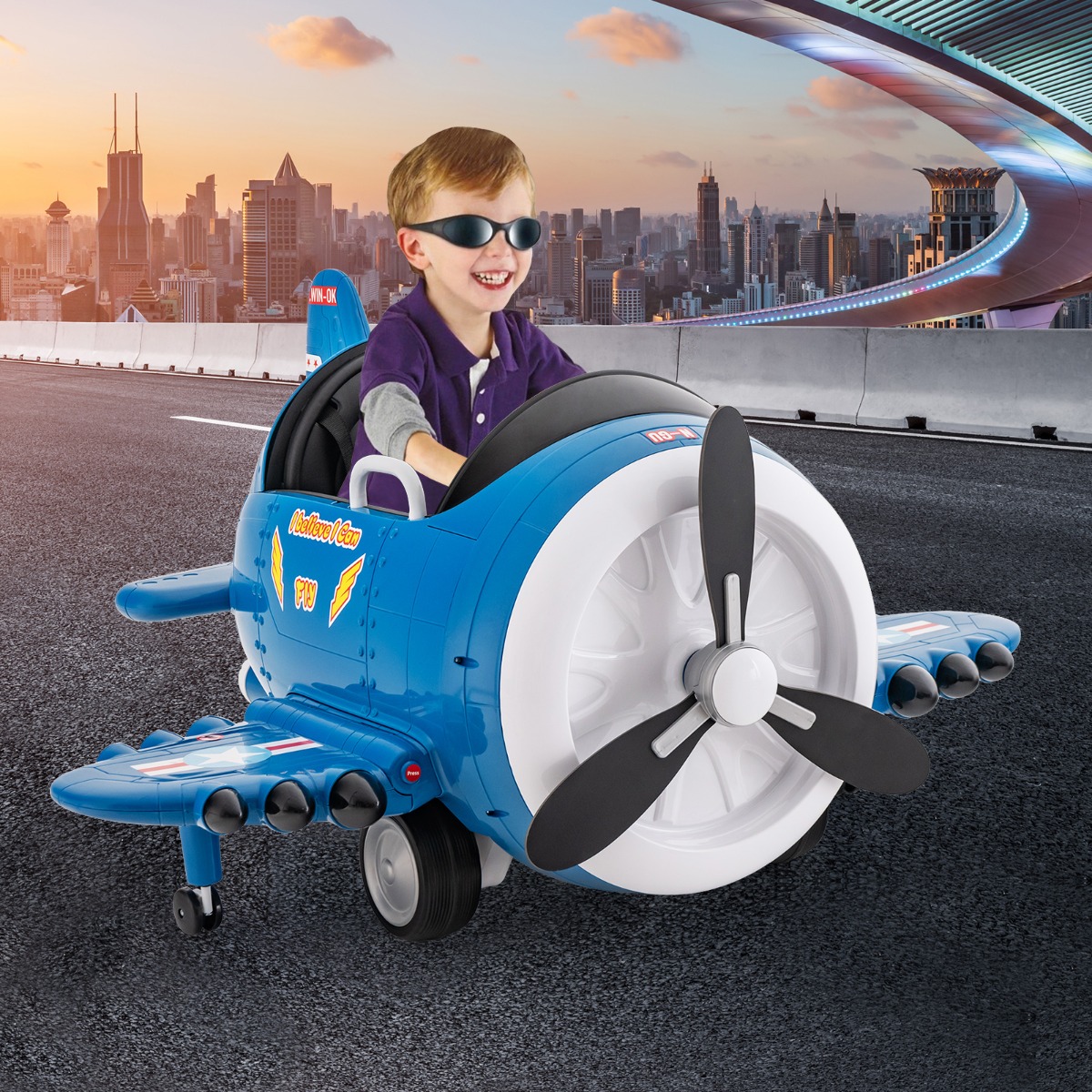 Costway Auto giocattolo elettrica a forma di aereo per bambini, Aeroplano con joysticks e telecomando alare pieghevole Blu