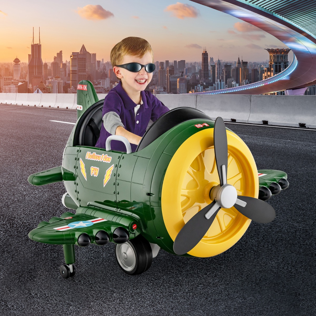 Costway Auto giocattolo elettrica a forma di aereo per bambini, Aeroplano con joysticks e telecomando alare pieghevole Verde
