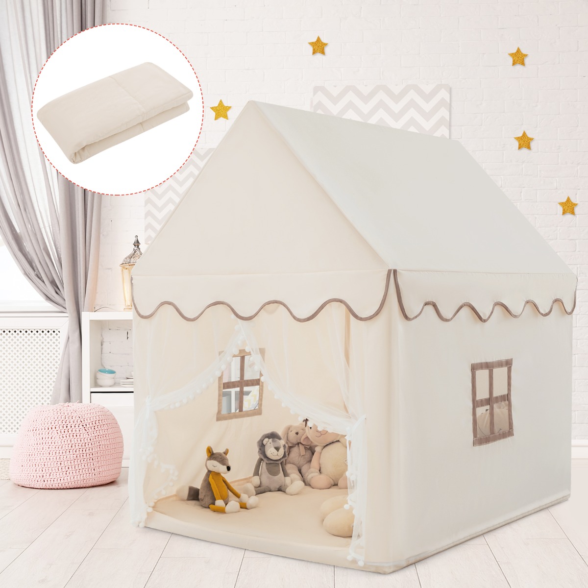 Costway Casetta con tenda struttura in legno e tappetino di cotone, Casa con tenda porta e finestra per bambini Marrone