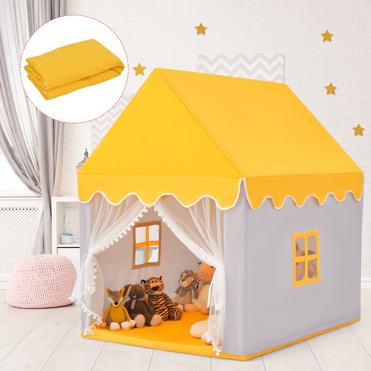 Costway Casetta con tenda struttura in legno e tappetino di cotone, Casa con tenda porta e finestra per bambini Giallo