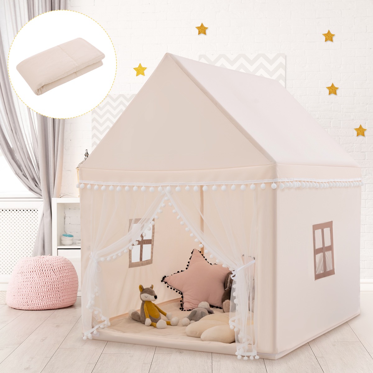 Costway Casetta giocattolo per bambini, Casa grande e resistente con solida struttura di legno Beige