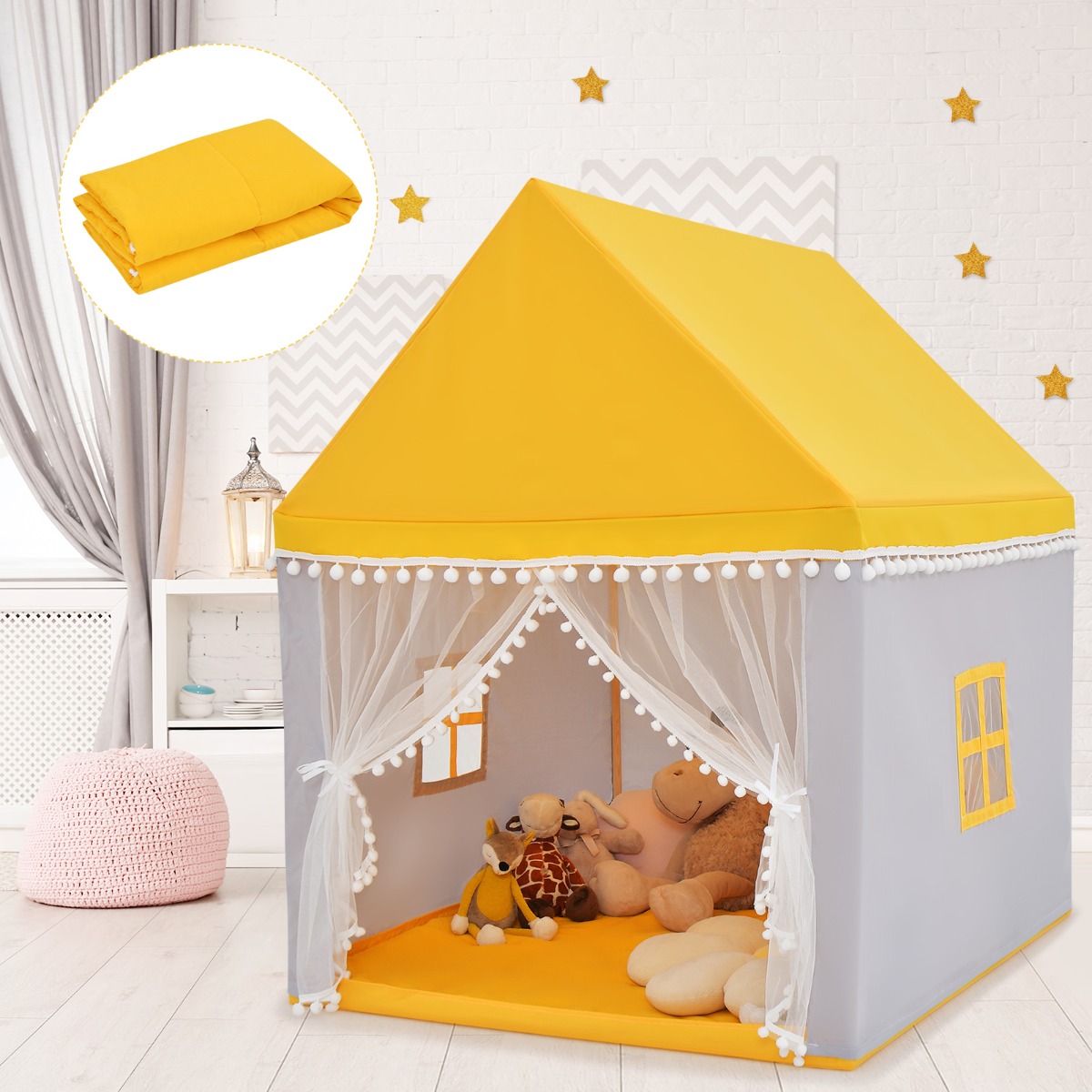 Costway Casetta giocattolo per bambini, Casa grande e resistente con solida struttura di legno Giallo