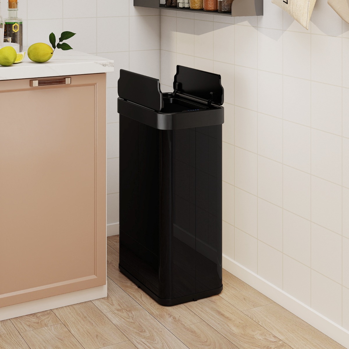 Costway Cestino per rifiuti 60l con coperchi a ali pattumiera in acciaio inox spazzolato, Cestino bidone automatico sottile Nero
