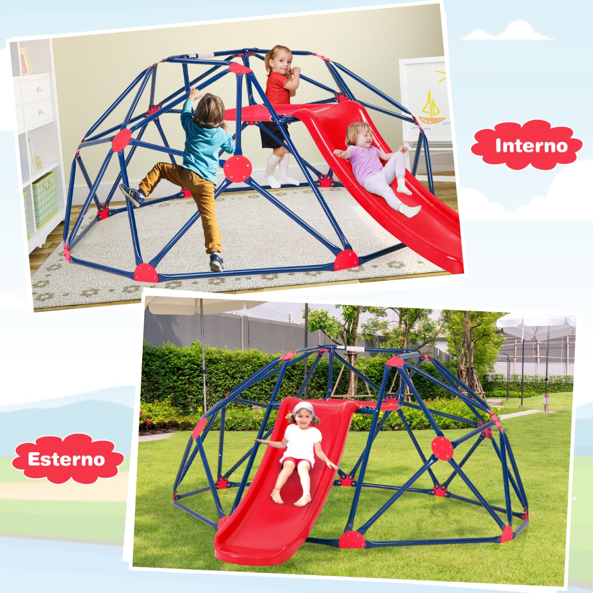 Costway Cupola di arrampicata e set da gioco con scivolo capacità di carico di 180KG, Parco giochi per bambini Rosso