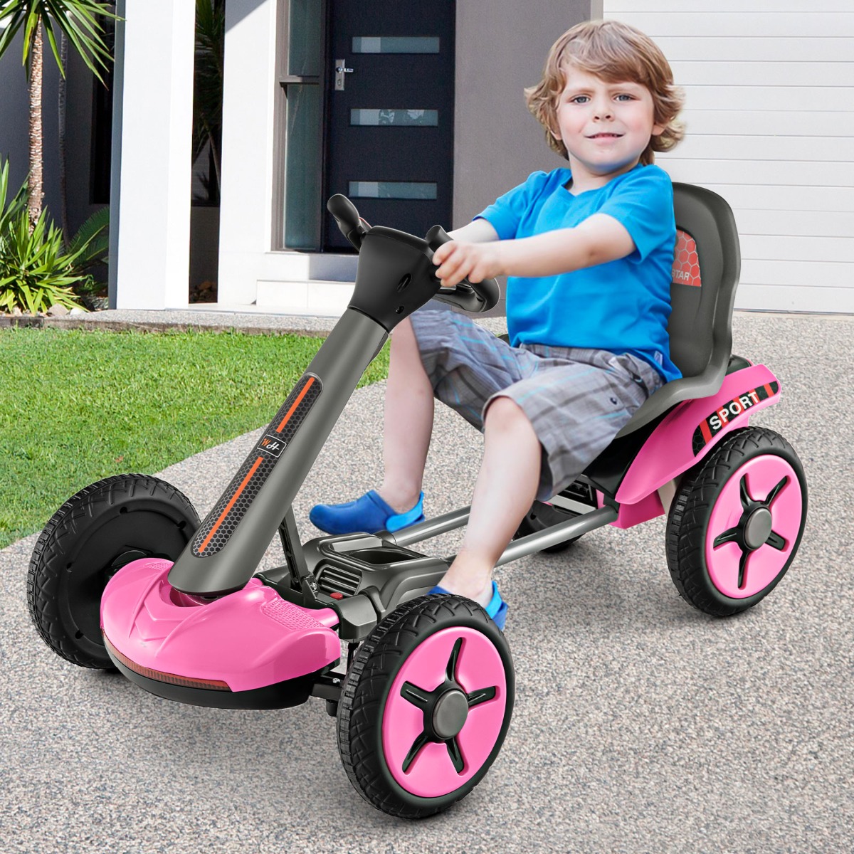 Costway Go Kart elettrico 12V per bambini, Go Kart pieghevole con volante e sedile regolabili pulsante di avvio Rosa