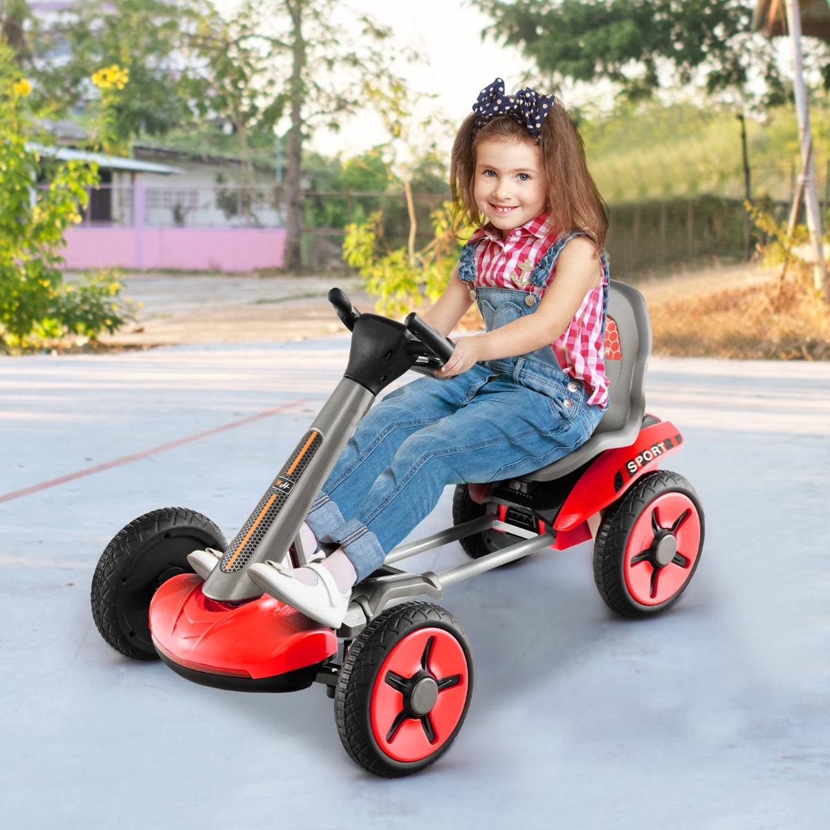 Costway Go Kart elettrico 12V per bambini, Go Kart pieghevole con volante e sedile regolabili pulsante di avvio Rosso