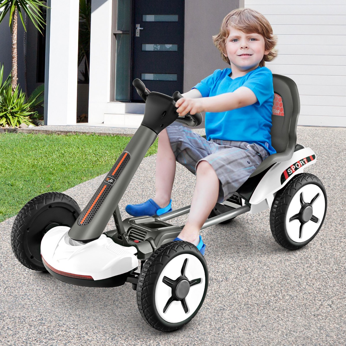 Costway Go Kart elettrico 12V per bambini, Go Kart pieghevole con volante e sedile regolabili pulsante di avvio Bianco