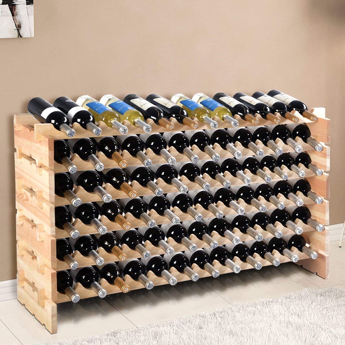 Costway Portabottiglie in legno di pino e scaffale modulari impilabile da 60 bottiglie, Scaffale per 72 bottiglie di vino e scaffale in legno a 6 ripi