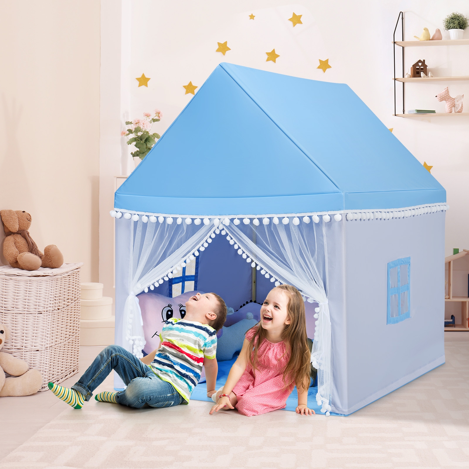 Costway Casetta giocattolo per bambini, Casa grande e resistente con solida struttura di legn Azzurro